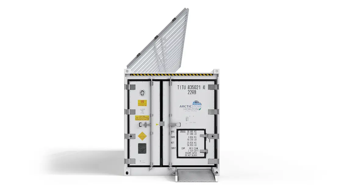 40ft ArcticStore Horizon parte delantera con Paneles Solares 45 grados
