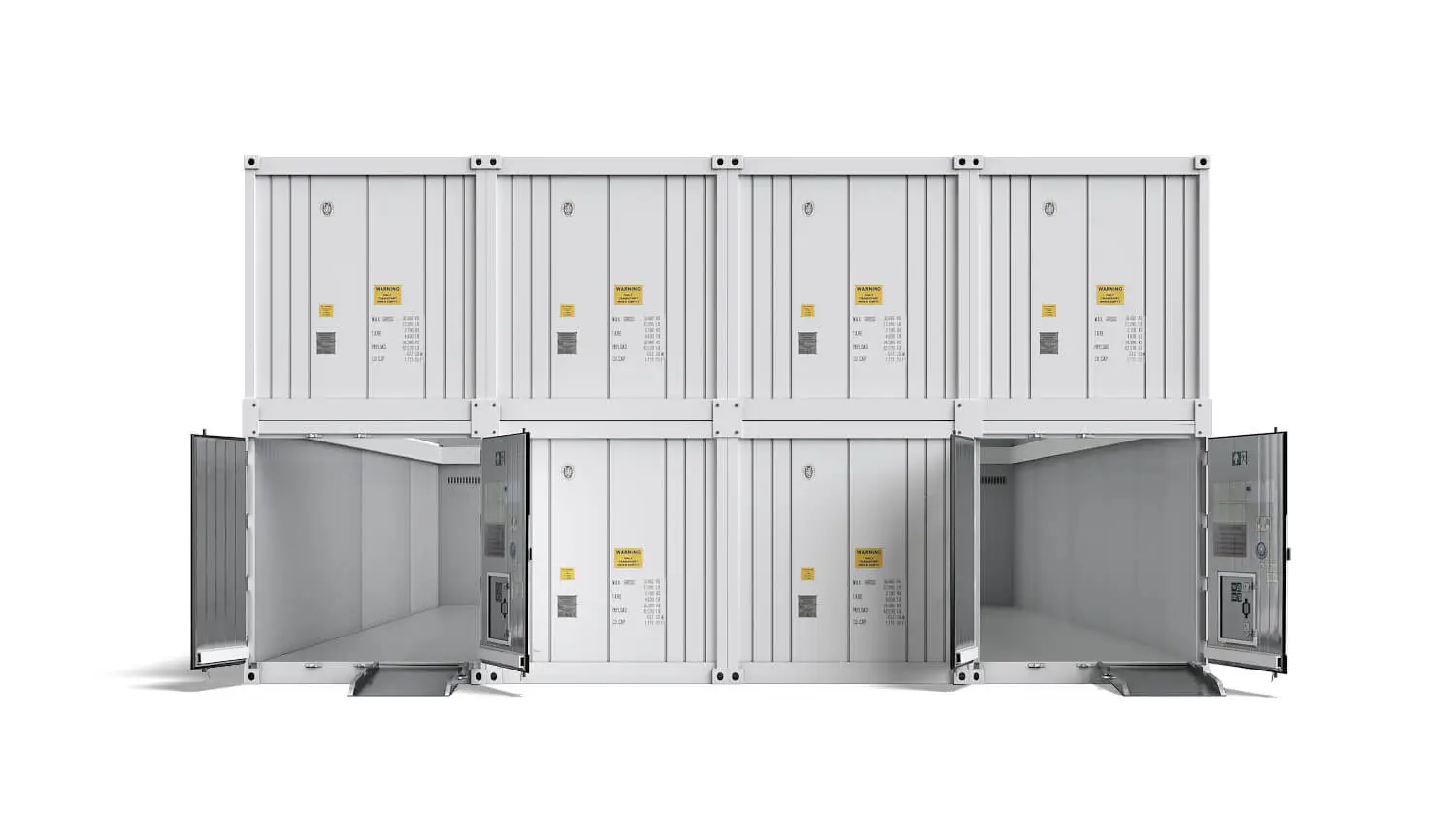 Contenedores frigoríficos modulares Arctic MegaStore, presentados apilados y equipados con una rampa de acceso